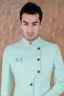 Picture of Magnificent Firozi and White Colored Men’s Designer Sherwani and Pant Set