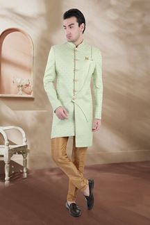 Picture of Fashionable Pista Green and Chiku Colored Men’s Designer sherwani and Pant Set