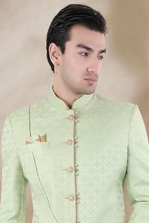 Picture of Fashionable Pista Green and Chiku Colored Men’s Designer sherwani and Pant Set