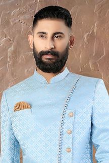 Picture of Appealing Sky Blue and White Colored Men’s Designer Sherwani and Pant Set