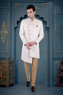 Picture of Exuberant Baby Pink and Light Brown Colored Men’s Designer Sherwani and Pant Set