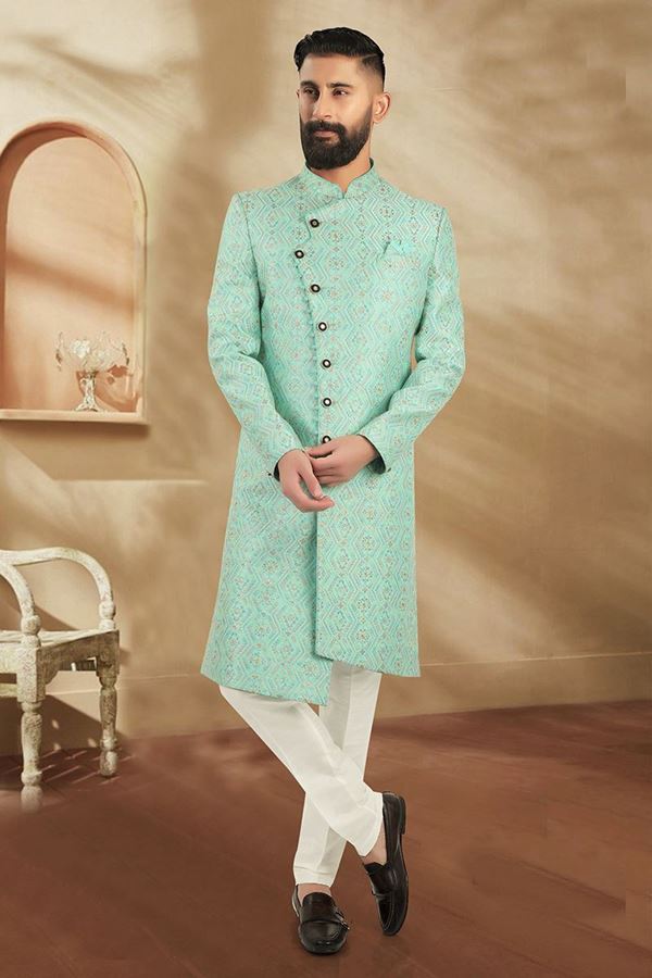 Picture of Charming Firozi and White Colored Men’s Designer Sherwani and Pant Set