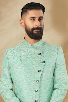 Picture of Charming Firozi and White Colored Men’s Designer Sherwani and Pant Set