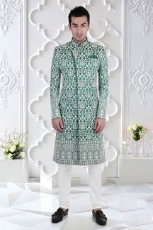 Picture of Exquisite Rama Green and White Colored Men’s Designer Sherwani and Pant Set