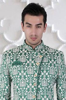 Picture of Exquisite Rama Green and White Colored Men’s Designer Sherwani and Pant Set