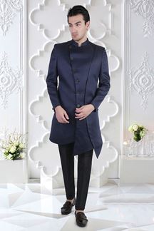 Picture of Aesthetic Navy Blue and Black Colored Men’s Designer Sherwani and Pant Set