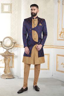 Picture of Enticing Navy Blue and Light Brown Colored Men’s Designer Sherwani and Pant Set