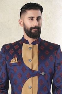 Picture of Enticing Navy Blue and Light Brown Colored Men’s Designer Sherwani and Pant Set