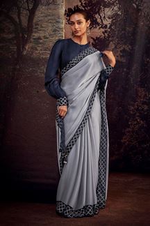 Picture of Glorious Grey and Navy Blue Colored Designer Saree