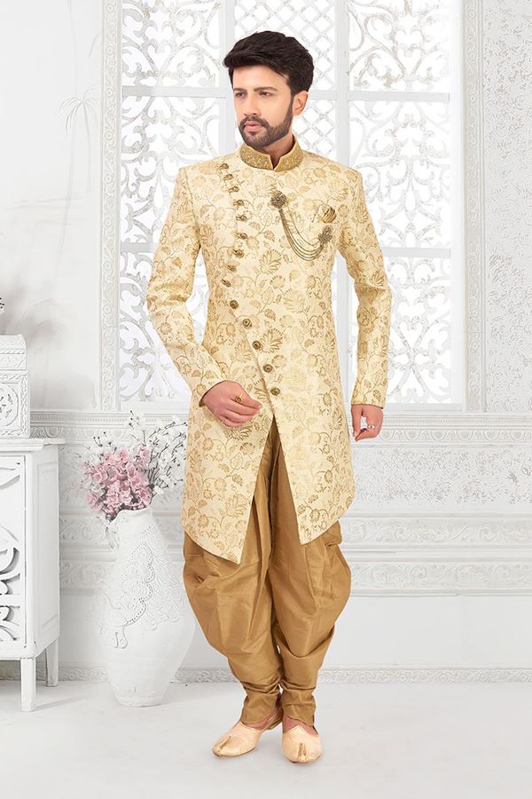 Picture of ExquisiteOff-White and Brown Colored Men’s Designer Indo-Western Sherwani