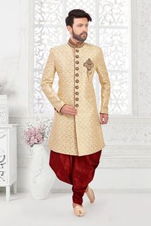 Picture of Attractive Light Golden and Maroon Colored Men’s Designer Indo-Western Sherwani