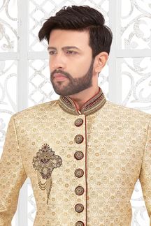 Picture of Attractive Light Golden and Maroon Colored Men’s Designer Indo-Western Sherwani