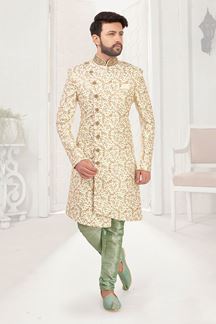 Picture of Delightful Off-White and Pista Green Colored Men’s Designer Indo-Western Sherwani