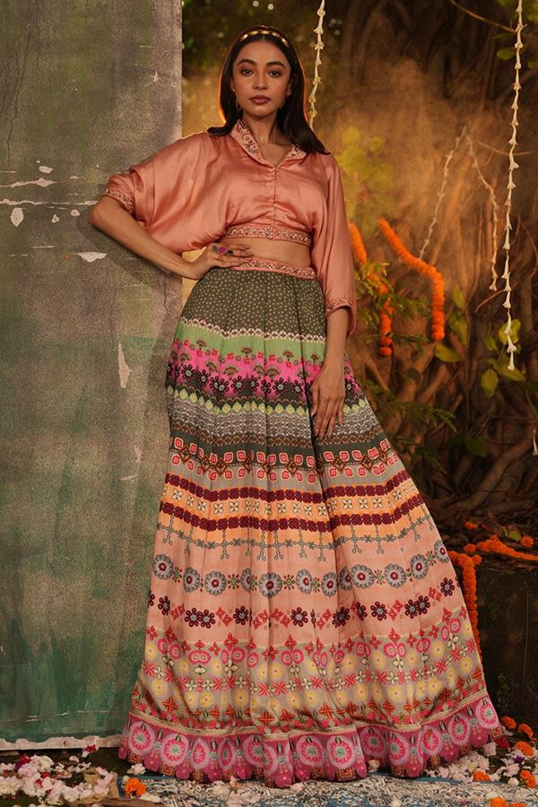 Picture of Classy Multi and Onion Colored Designer Lehenga with Cowl Pattern Blouse