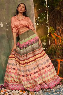Picture of Classy Multi and Onion Colored Designer Lehenga with Cowl Pattern Blouse