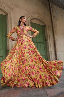 Picture of Amazing Red and Yellow Colored Designer Gown