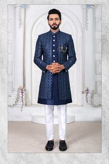 Picture of CharismaticNavy Blue and White Colored Men’s Designer Sherwani