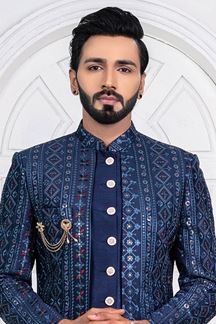 Picture of CharismaticNavy Blue and White Colored Men’s Designer Sherwani