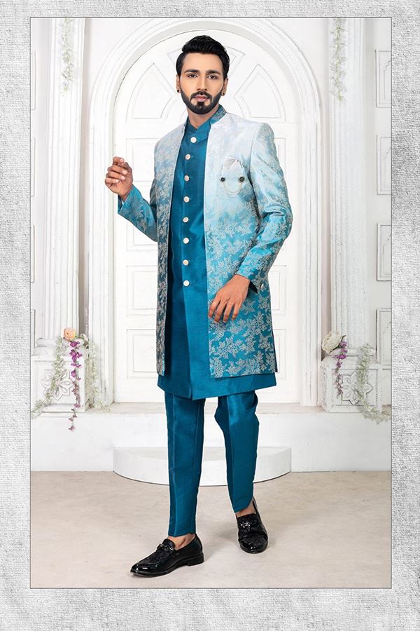 Picture of SplendidPeacock Colored Men’s Designer Sherwani