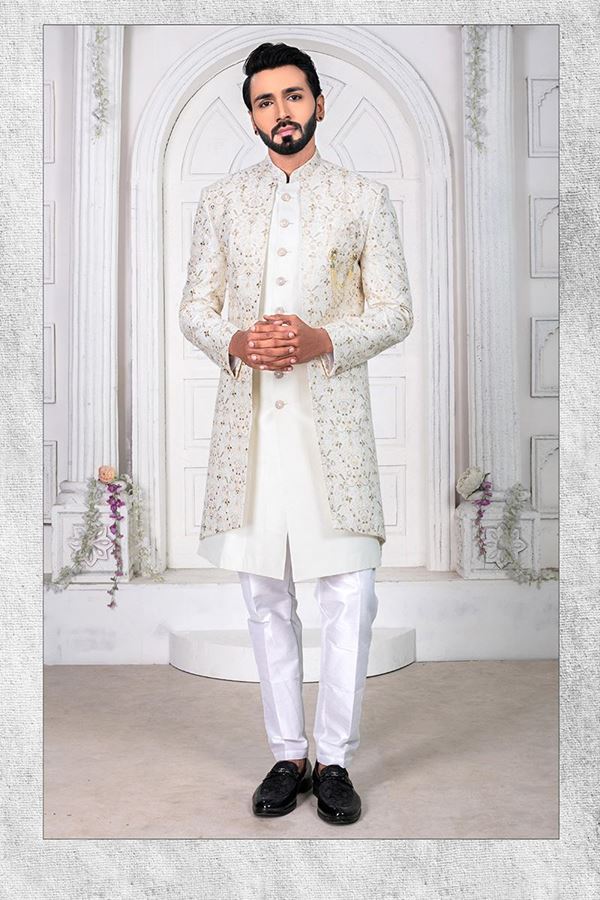 Picture of ArtisticLight Cream and White Colored Men’s Designer Sherwani