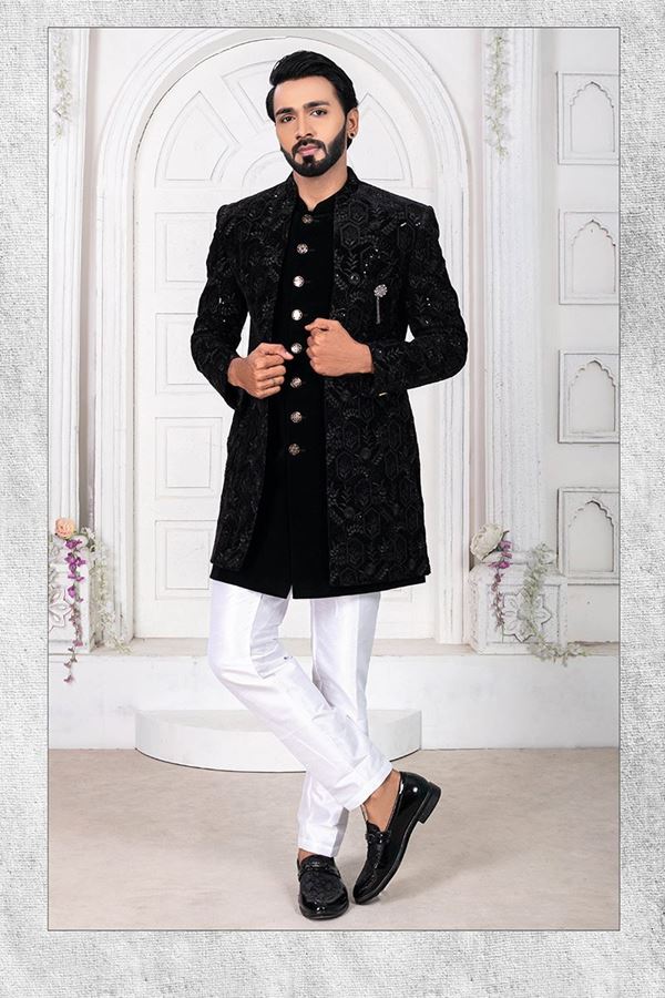 Picture of AestheticJade Black and White Colored Men’s Designer Sherwani