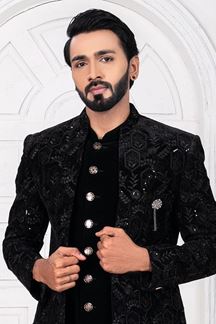 Picture of AestheticJade Black and White Colored Men’s Designer Sherwani