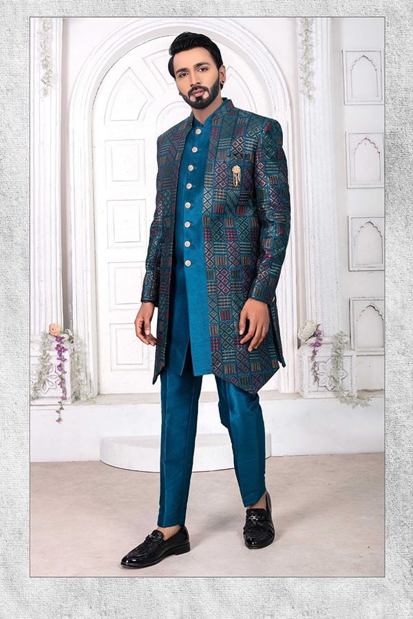 Picture of ExquisitePeacock Crest Colored Men’s Designer Sherwani