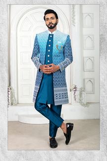 Picture of FashionablePeacock Blue Colored Men’s Designer Sherwani