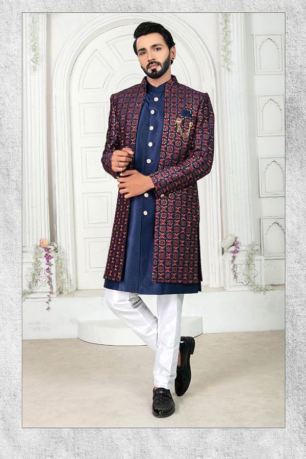 Picture of MarvelousNavy Blue and White Colored Men’s Designer Sherwani