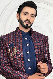 Picture of MarvelousNavy Blue and White Colored Men’s Designer Sherwani