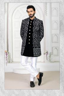 Picture of Fancy Black and White Colored Men’s Designer sherwani and Pant Set