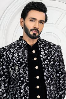 Picture of Fancy Black and White Colored Men’s Designer sherwani and Pant Set