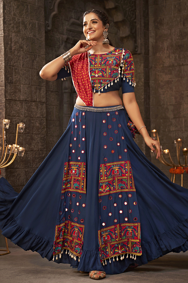 Blue and red lehenga choli top