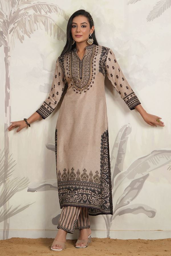 Picture of Marvelous Beige and Black Colored Designer Kurta and Pant Sets