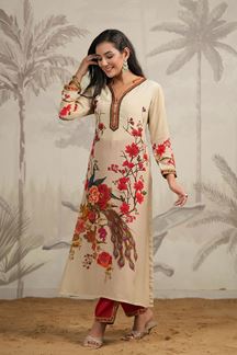 Picture of Fascinating Cream and Red Colored Designer Kurta and Pant Sets