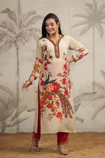 Picture of Fascinating Cream and Red Colored Designer Kurta and Pant Sets