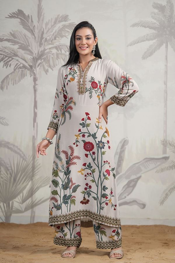 Picture of Creative Off-White Colored Designer Kurta and Printed Pant Sets