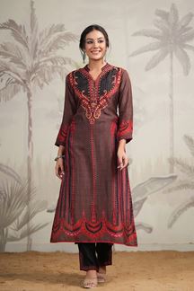 Picture of Stylish Red and Black Colored Designer Kurta and Pant Sets