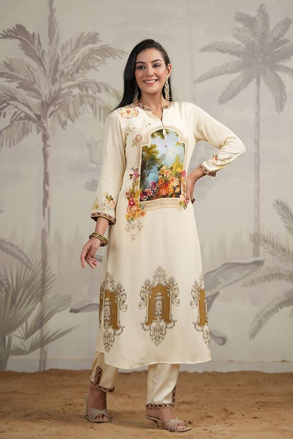 Picture of Dashing Cream Colored Designer Kurta and Pant Sets
