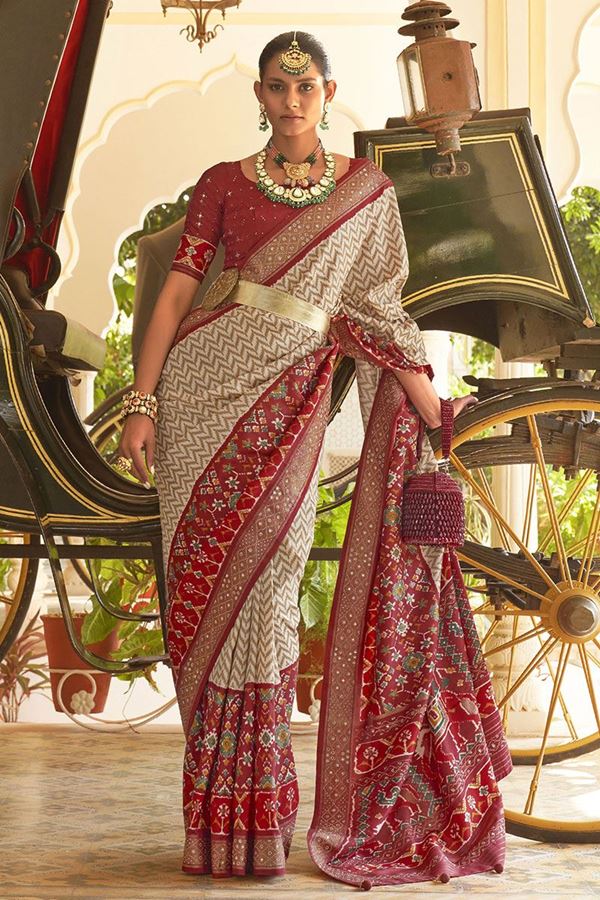Picture of Bollywood Cream and Maroon Colored Designer Saree