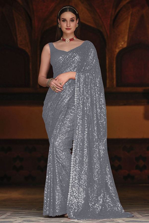 Picture of Attractive Grey Colored Designer Saree