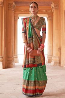 Picture of Exuberant Green and Red Colored Designer Saree