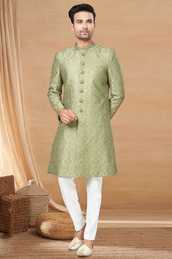 Picture of Dashing Mehendi Green and Off-White Colored Designer Indo-Western Readymade Sherwani