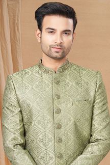 Picture of Dashing Mehendi Green and Off-White Colored Designer Indo-Western Readymade Sherwani