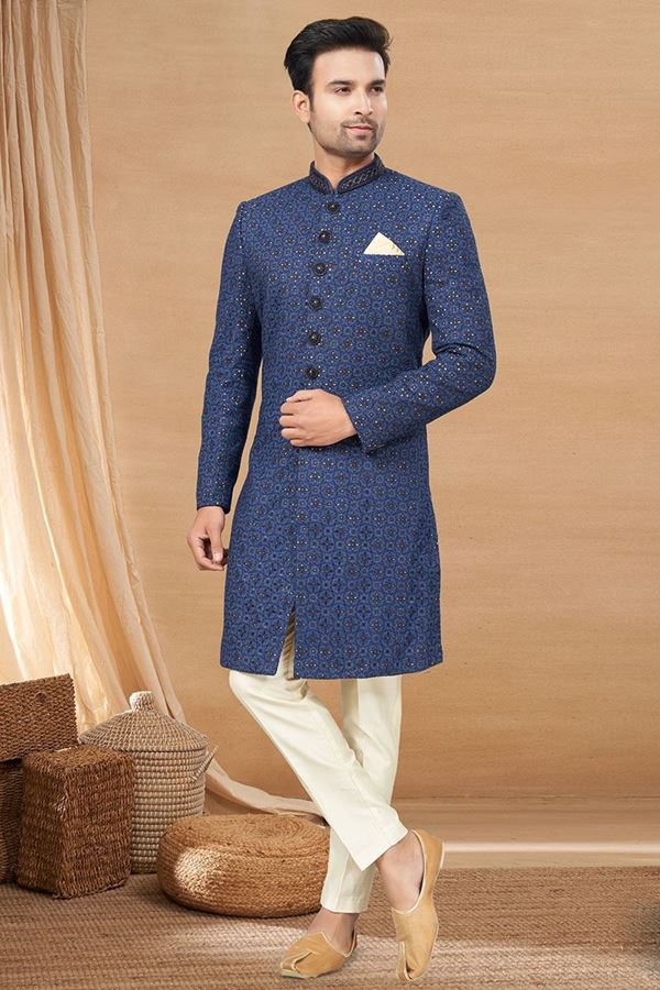 Picture of Stylish Navy Blue Colored Designer Indo-Western Readymade Sherwani