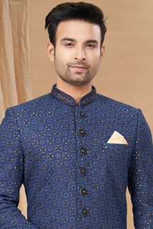 Picture of Stylish Navy Blue Colored Designer Indo-Western Readymade Sherwani