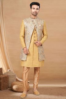 Picture of Amazing Gold and Chiku Colored Designer Indo-Western Readymade Sherwani