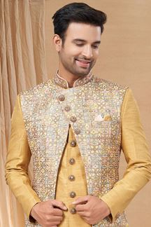 Picture of Amazing Gold and Chiku Colored Designer Indo-Western Readymade Sherwani