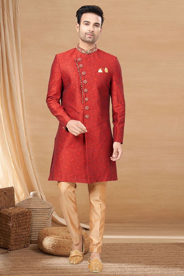 Picture of Flamboyant Maroon and Chiku Colored Designer Indo-Western Readymade Sherwani