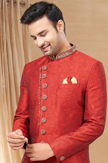 Picture of Flamboyant Maroon and Chiku Colored Designer Indo-Western Readymade Sherwani